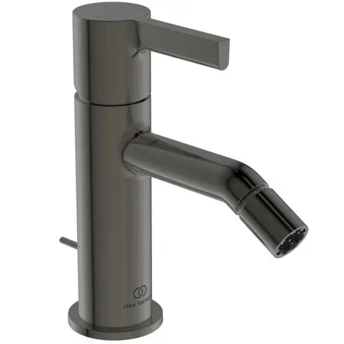 Bidetarmatur in Metallic-Grau mit seitlichem Hebel von Ideal Standard. Der Auslauf hat eine bogenförmige Gestaltung.